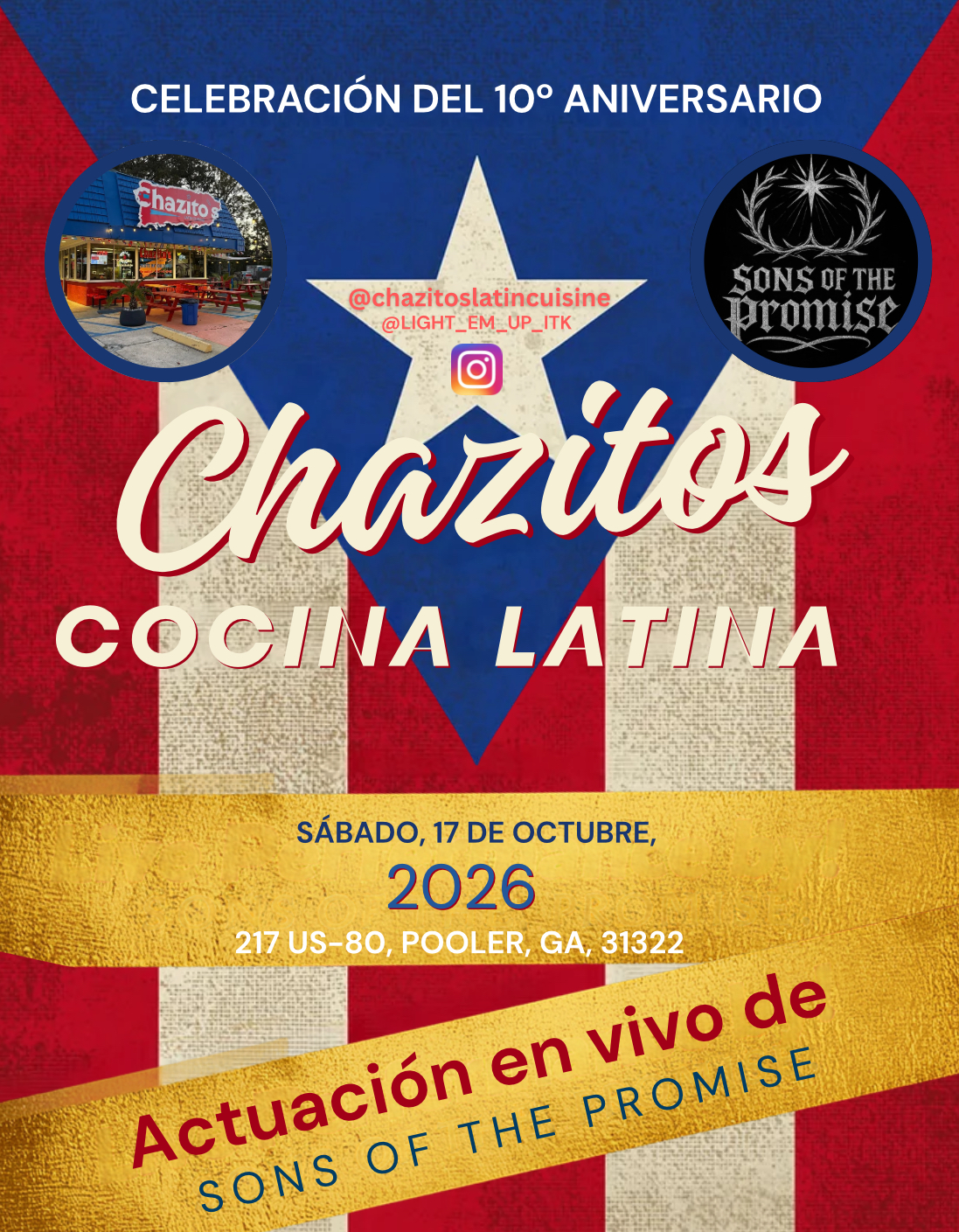 Chazitos Latin Cuisine 10 year anniversary flyer (Spanish) designed by Copper Fox