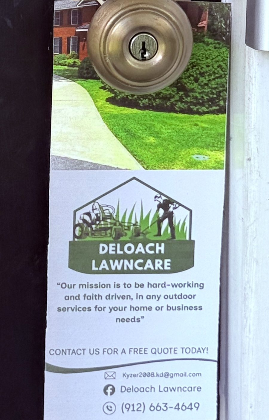 Deloach Lawncare door hanger designed and printed by Copper Fox, shown hanging on a customer's door